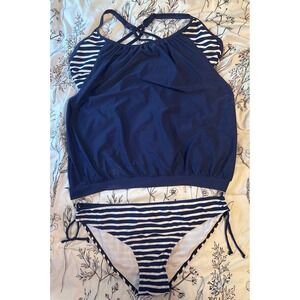Navy Stripe Plus Size Tankini‎ 2pc Swimsuit, Size 2XL